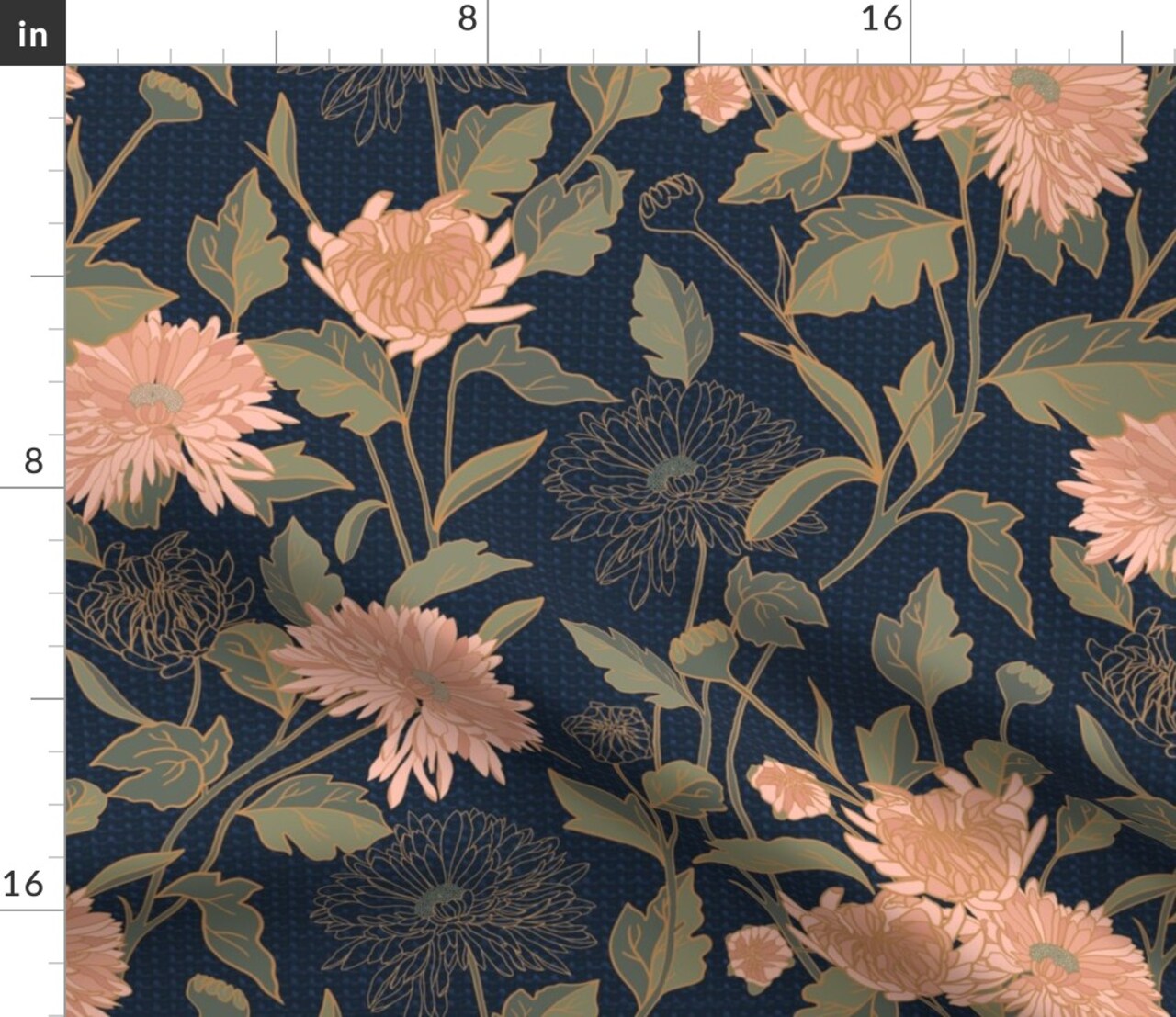 Chrysanthemum Florals Garden Hand Drawn Navy Blue Blush Pink Nature Peach Feminine Flowers Sage Green Large Scale Custom Printed Fabric by Spoonflower Various Fabrics by the Yard or Fat Quarter